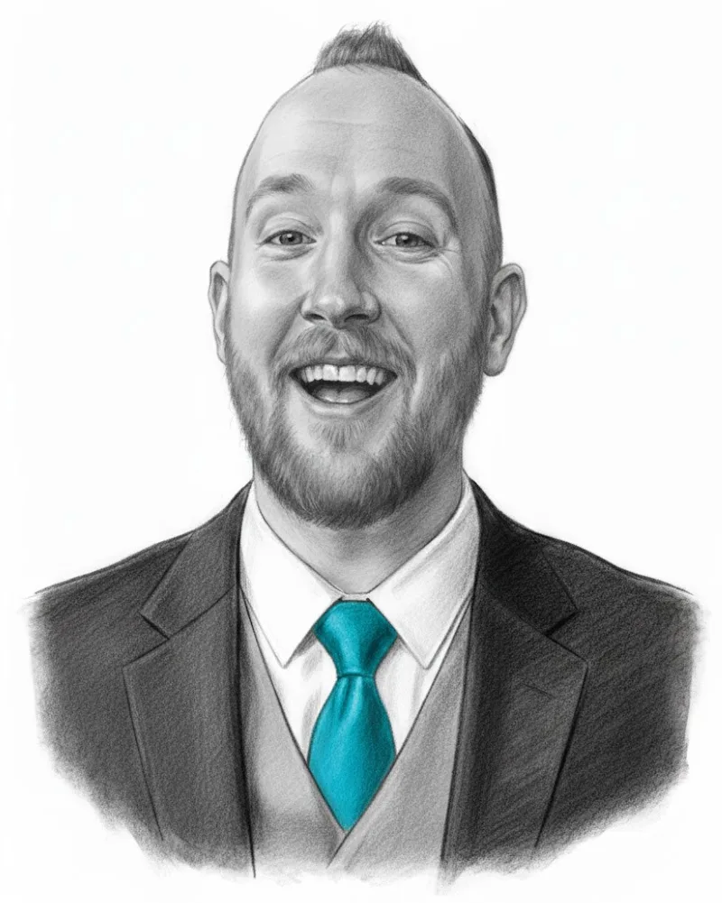 Charcoal portrait of Mark Johnson, smiling, in a suit with a blue tie